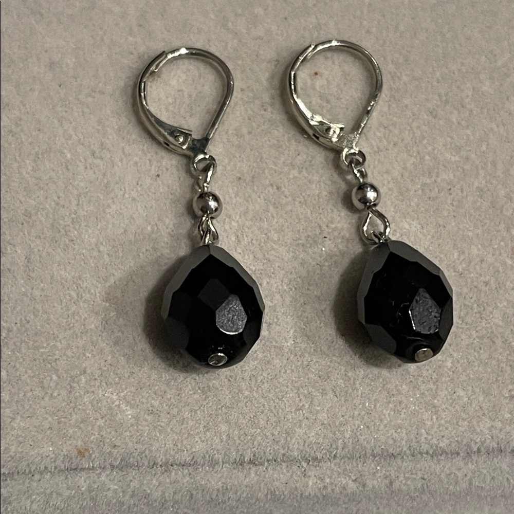925 Sterling Silver Black Swarovski Crystal Drop Leverback Earrings